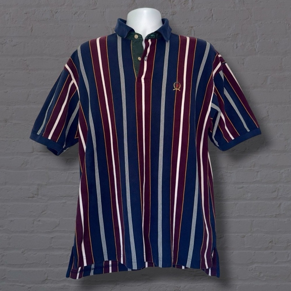 VTG - Tommy Hilfiger Polo Shirt Men’s L Crest Logo 90s Y2K Striped Short Sleeve